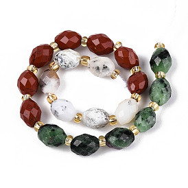 Нити бусин из натурального рубина в цоизите, красной яшме и цветочном опале, рис, граненые