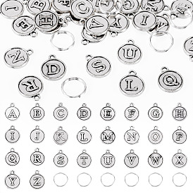 Наборы для изготовления бегунков для молний своими руками, включая 1 сумку в тибетском стиле из цинкового сплава 26 плоские круглые подвески с буквами, 26шт 304 разъемные кольца из нержавеющей стали