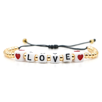 Bohemian Heart LOVE Letter Couple Bracelet with 4mm Gold Beads for Women