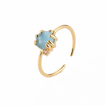 Brass Micro Pave Clear Cubic Zirconia Cuff Rings, Open Rings, with Cat Eye, Cadmium Free & Nickel Free & Lead Free, Flat Round, Sky Blue