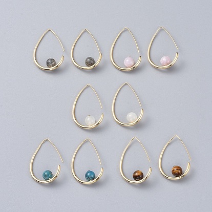 Natural Gemstone Dangle Earrings, with Rhinestone, Brass Earring Hook and Cardboard Jewelry Set Boxes, Teardrop, Real 18K Gold Plated