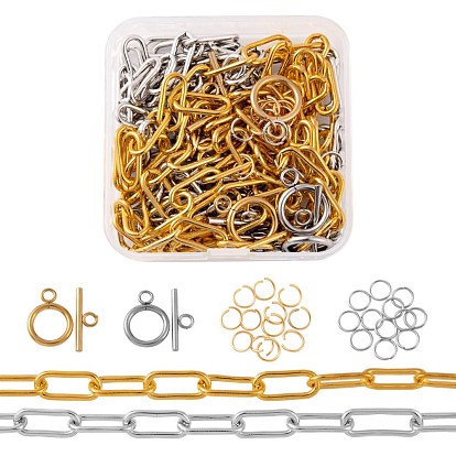 DIY 2m 2 Colors Rectangle Iron Paperclip Chains Necklace Making Kits, 30Pcs 304 Stainless Steel Jump Rings and 4 Sets Ring Toggle Clasps