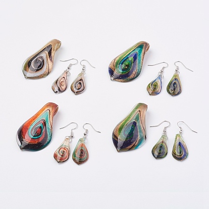 Handmade Lampwork Jewelry Sets, with Brass Finding, Pendants and Dangle Earrings, Leaf