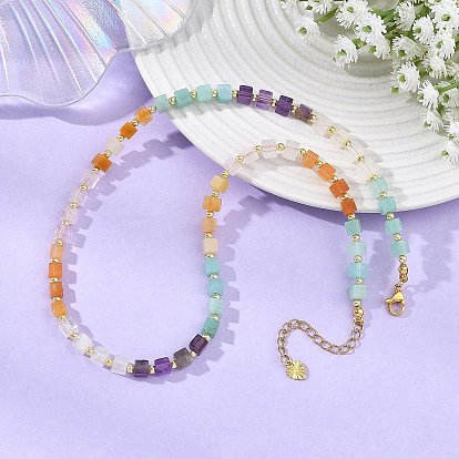 Natural Rose Quartz & Red Aventurine & Amethyst & Yellow Aventurine & Dyed White Jade Cube Beaded Necklaces, with Round Electroplate Non-magnetic Synthetic Hematite Bead Beads, Golden