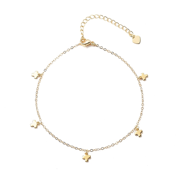 201 Stainless Steel Cross Charm Anklets, with Brass Cable Chains