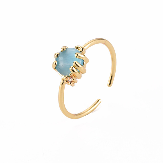 Brass Micro Pave Clear Cubic Zirconia Cuff Rings, Open Rings, with Cat Eye, Cadmium Free & Nickel Free & Lead Free, Flat Round, Sky Blue