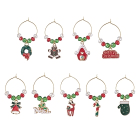 Christmas Theme Alloy Enamel Wine Glass Charms, with Brass Rings and Glass Beads, Mixed Shapes