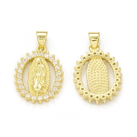 Rack Plating Eco-Friendly Brass Micro Pave Clear Cubic Zirconia Pendants, Cadmium Free & Lead Free, Long-Lasting Plated, Oval with Religion Virgin Mary Charm