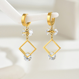 Fashionable Geometric Stainless Steel Square Hoop Earrings, with Clear Cubic Zirconia for Versatile Style