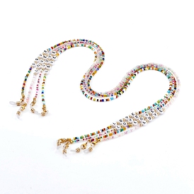 Eyeglasses Chains, Neck Strap for Eyeglasses, with Glass Seed Beads, Acrylic Letter Beads and Rubber Loop Ends, Word Love, Golden