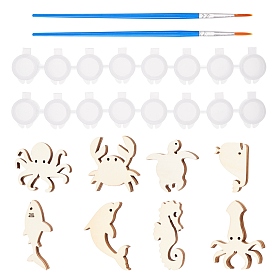 Marine Theme Unfinished Wood Cutouts, Laser Cut Wood Shapes, with Plastic Paint Pots Strips and Plastic Art Brushes Pen, for Home Decor Ornament, DIY Craft Art Project