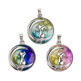 Glass Pendants, with Alloy Findings, Flat Round, Platinum, Moon with Cat