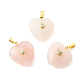 Natural Rose Quartz Pendants, Heart Charms, with Rack Plating Brass Micro Pave Clear Cubic Zirconia Findings