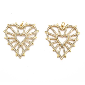 Brass Micro Pave Clear Cubic Zirconia Pendants, Real 18K Gold Plated, Long-Lasting Plated, Heart