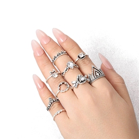 9Pcs Alloy Rhinestone Plain Band Rings