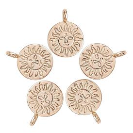 5Pcs Brass Charms, Flat Round with Sun