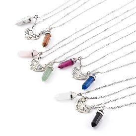 Friendship Pendant Necklaces Sets, Natural Mixed Gemstone Bullet Pointed Pendant Necklaces, with Alloy Pendants, Split Heart with Word Best Friends