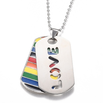 Rainbow Alloy Pride Double Pendant Necklaces, with 304 Stainless Steel Ball Chains and Epoxy, Oval with Word Love, Colorful