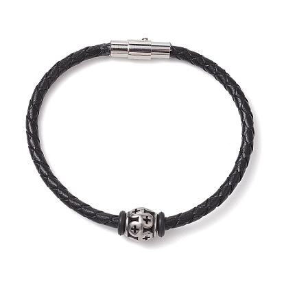 Плетеные браслеты шнур кожаный, с европейскими бусинами из нержавеющей стали и магнитными застежками