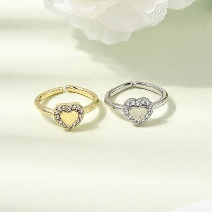 Латунные микропаве кубические цирконии манжеты открытые кольца для женщин, сердце, стойки покрытие, без кадмия и без свинца, долговечный