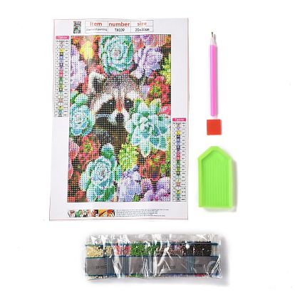 5D DIY Diamond Painting Animals Canvas Kits, with Resin Rhinestones, Diamond Sticky Pen, Tray Plate and Glue Clay, Raccoon Pattern