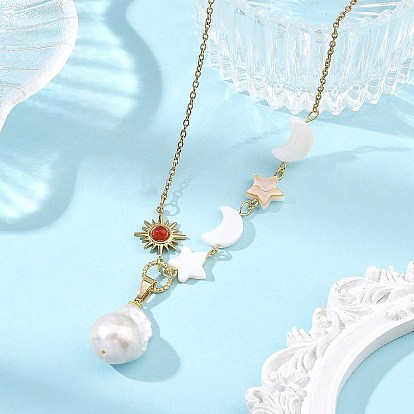 Natural Baroque Keshi Pearl Nuggets Pendant 304 Stainless Steel Cable Chain Necklaces for Women, with Moon Star Natural Shell and Natural Carnelian Sun