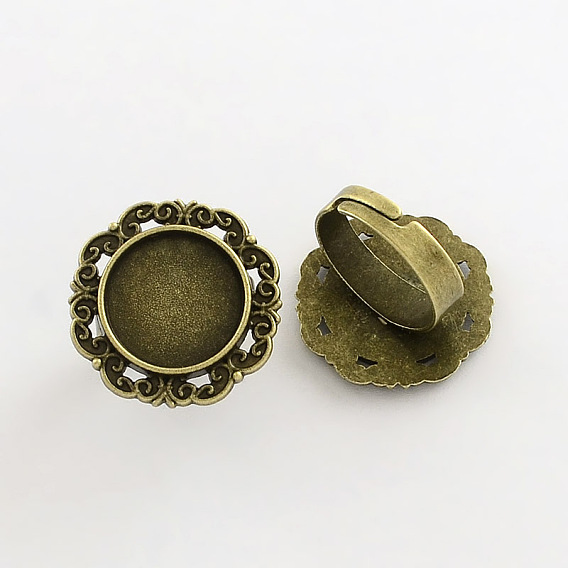 Adjustable Iron Flower Finger Ring Components Alloy Cabochon Bezel Settings, Cadmium Free & Lead Free, 17x5mm, Flat Round Tray: 15mm