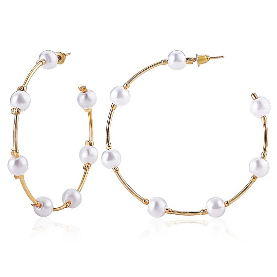 Shell Pearl Beaded Big Circle Stud Earrings, Alloy Half Hoop Earrings for Women
