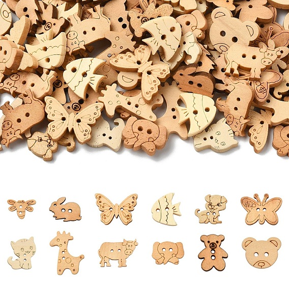 120 шт. 12 стили 2 деревянные пуговицы с отверстием, бежевые