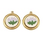 304 Stainless Steel & Embroidered Pendants, Flat Round with Flower Charms, Lavender, Ion Plating(IP), Long-Lasting Plated