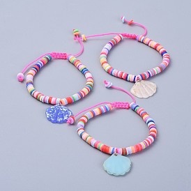 Handmade Polymer Clay Heishi Beads Kids Braided Bracelets, with Resin Paillette Pendants and Nylon Cord, Shell
