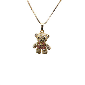 Colorful Zircon Bear Pendant Necklace - Minimalist Lock Collarbone Chain for Men and Women, Chic Neck Jewelry Accessory