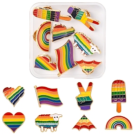 8Pcs 8 Style Rianbow Color Pride Flag Enamel Pins Set, Light Gold Alloy Kite & Heart & Sheep & Ice Sucker Brooches for Backpack Clothes