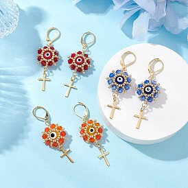 Evil Eye with Cross 304 Stainless Steel Glass Seed Beads Leverback Earrings, with Fishing Thread Nylon Wire & Handmade Lampwork Beads