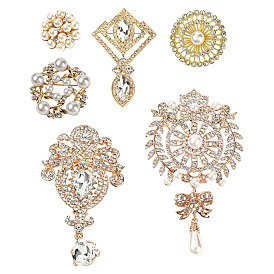 6Pcs 1Pcs/Style 6 Style Alloy Rhinestone Brooches, Plastic Imitation Pearl, Flower