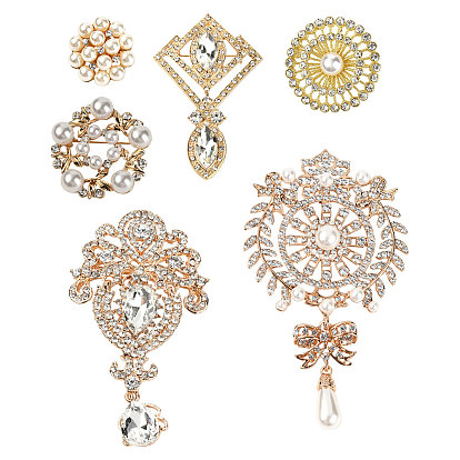6Pcs 1Pcs/Style 6 Style Alloy Rhinestone Brooches, Plastic Imitation Pearl, Flower