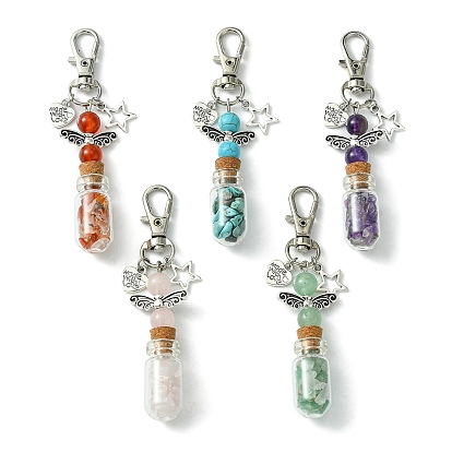 Glass Wishing Bottle with Synthetic & Natural Bead Chip inside Pendant Decorations, Star & Heart Tibetan Style Alloy and Swivel Lobster Claw Clasps Charm