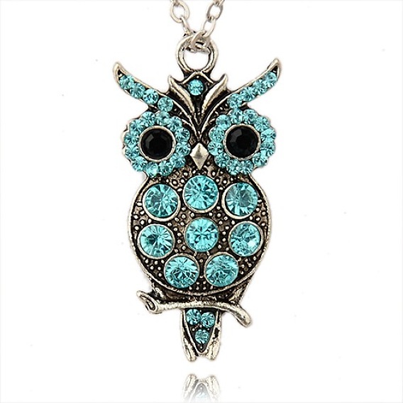 Alloy Rhinestone Bird Pendants, Owl for Halloween, Antique Silver, 45x23x4mm, Hole: 3.5mm