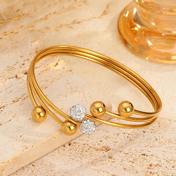 304 Brazaletes de acero inoxidable y diamantes de imitación, Pulseras multihilos para mujer, rondo