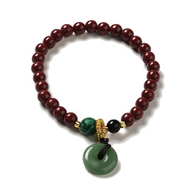 Cinnabar Mala Bead Bracelets, with Synthetic Malachite Beads and Natural Agate and Copper Wire and Imitation Jade Glass, Buddhist Jewelry, Stretch Bracelets