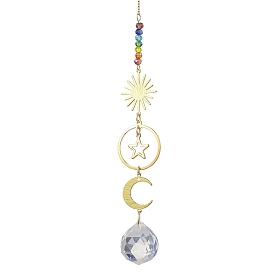Brass Sun Moon Star Hanging Ornaments, Glass Round Tassel Suncatchers for Garden Outdoor Decooration
