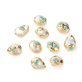 Perlas naturales perlas de agua dulce cultivadas, con borde de latón chapado en oro y turquesa natural, formas mixtas