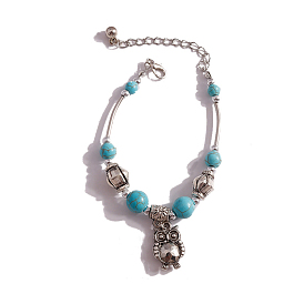 Owl Alloy Charm Bracelets, Synthetic Turquoise Beaded Bracelets for Women