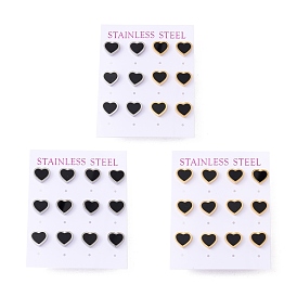 Black Acrylic Heart Stud Earrings, 304 Stainless Steel Jewelry for Women