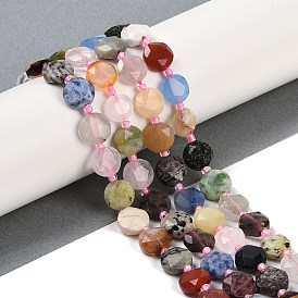 Natural Mixed Gemstone Beads Strands, Faceted Pentagonal Cut, Flat Round, with Seed Beads