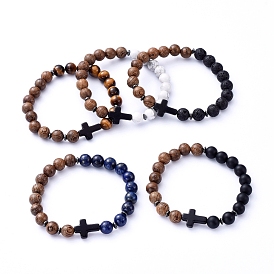 Natural Wood Beads Stretch Bracelets, with Natural Gemstone Beads, Non-Magnetic Synthetic Hematite Beads and Cross Synthetic Turquoise(Dyed) Beads
