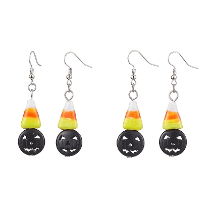 Halloween Candy Corn Handmade Lampwork Dangle Earrings, Black Pumpkin Synthetic Turquoise Brass Jewelry for Women, Platinum