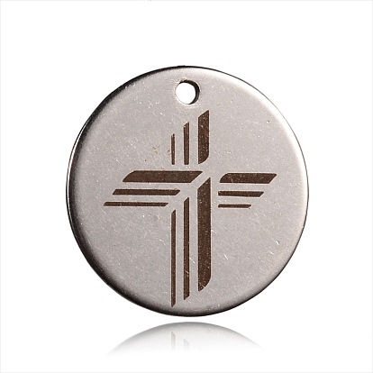 Spray Painted 201 Stainless Steel Charms, Flat Round with Cross Pattern, 15x1mm, Hole: 1mm