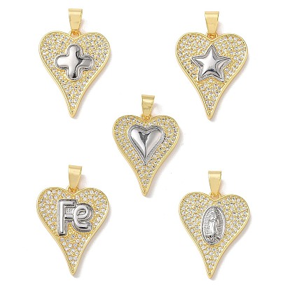Двухцветные латунные подвески с микропаве из прозрачных кубических цирконий, сердце прелести, стойки покрытие, долговечный, без кадмия и без свинца