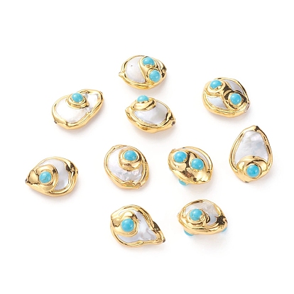 Natural Cultured Freshwater Pearl Beads, with Golden Plated Brass Edge and Natural Turquoise, Mixed Shapes